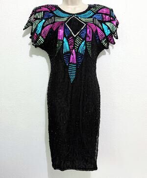 VTG SWEELO Sequin & Beaded Silk Cocktail Dress (Sz 8-10) Butterfly Pattern,